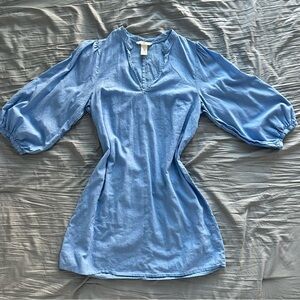H&M Blue Linen Mini Dress with Puff Sleeves